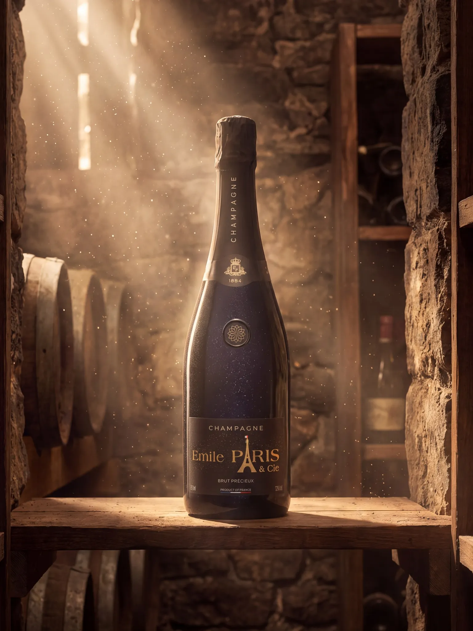 A bottle of Brut Précieux in the cellar, lit by a shaft of light, between the casks and old vintages
