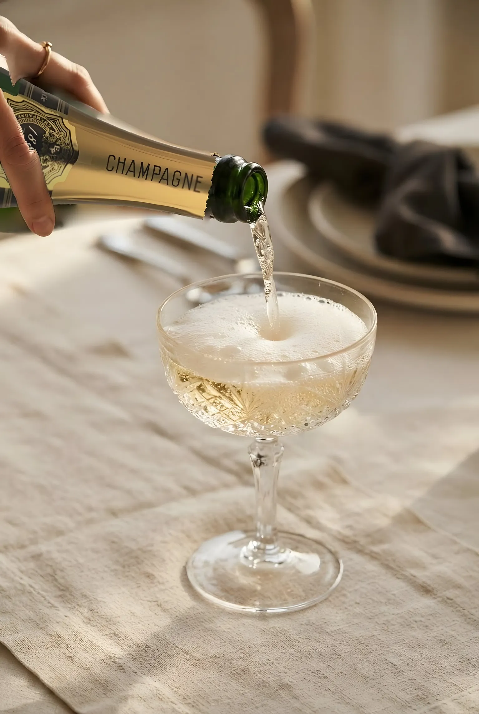 Champagne poured into a coupe, on a linen tablecloth