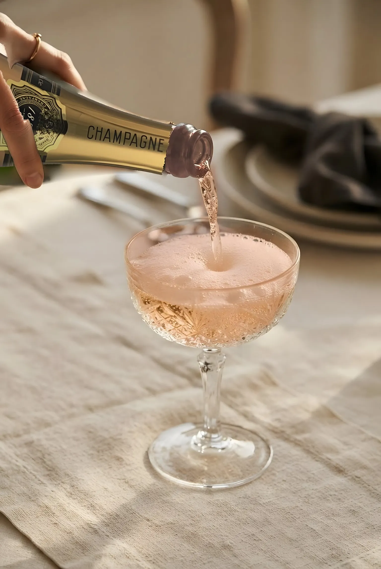 Champagne poured into a coupe, on a linen tablecloth