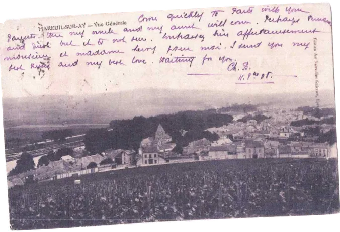 Old postcard: general view of the village and its vines, with handwritten notes