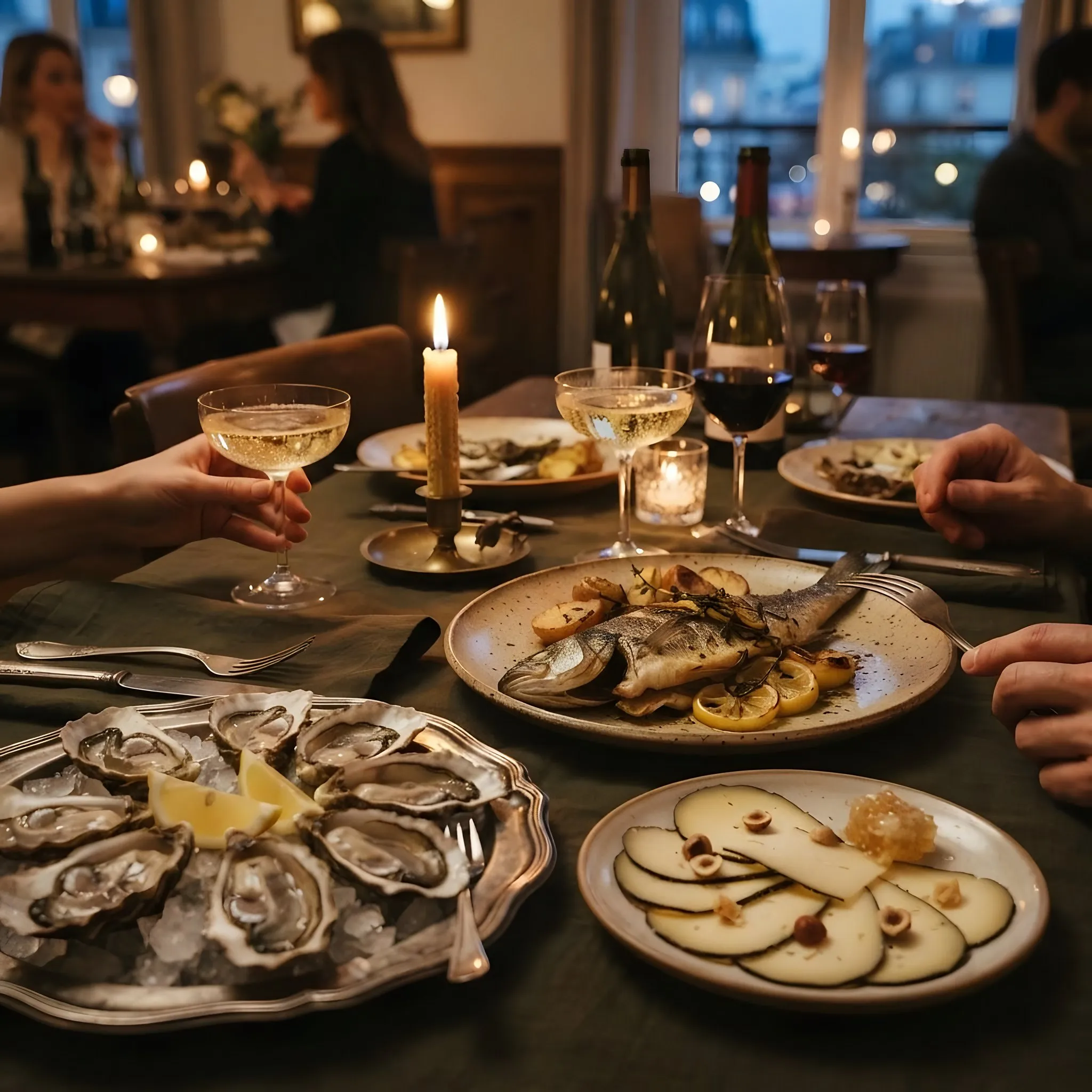 Candlelit table: oysters, roasted fish and coupes of champagne