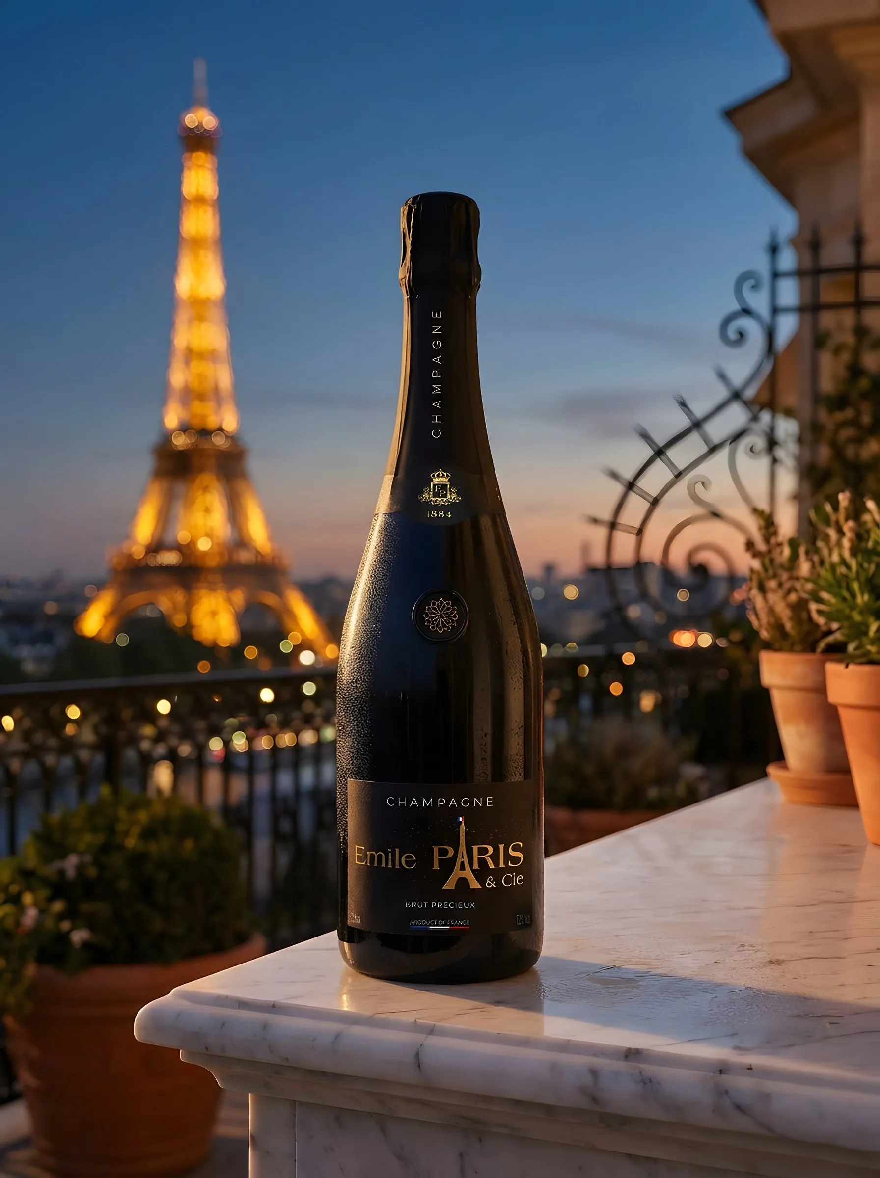 A bottle of Brut Précieux on a Parisian terrace, the Eiffel Tower lit up at dusk