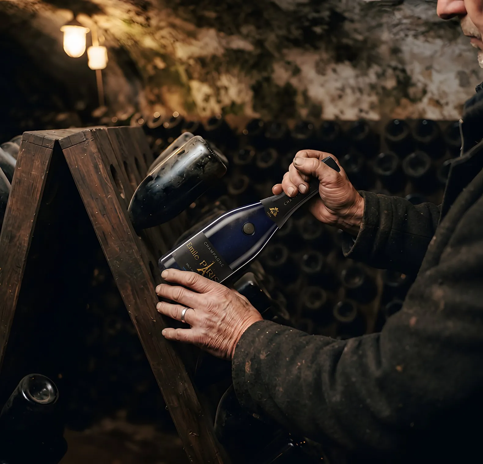 Bottles resting on riddling racks in the half-light of the cellar